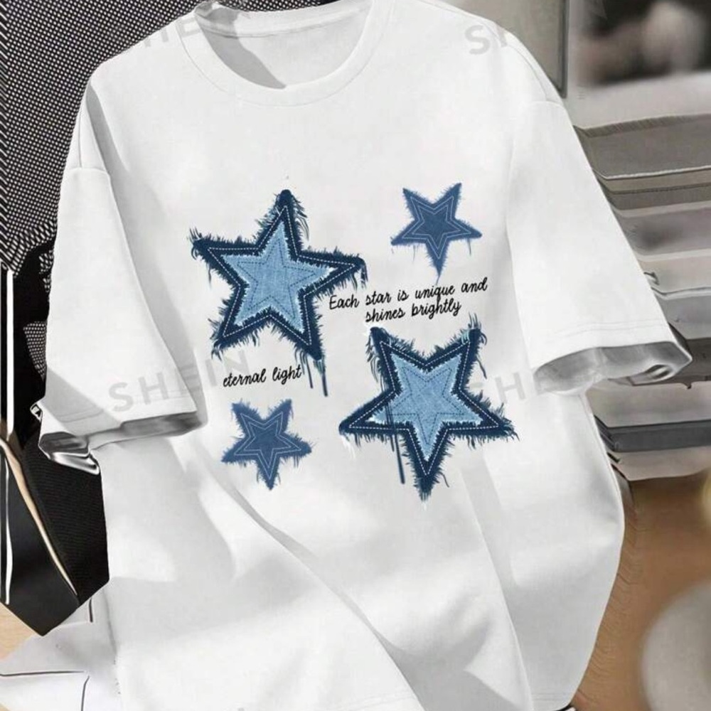 White T-Shirt with Blue Star Design